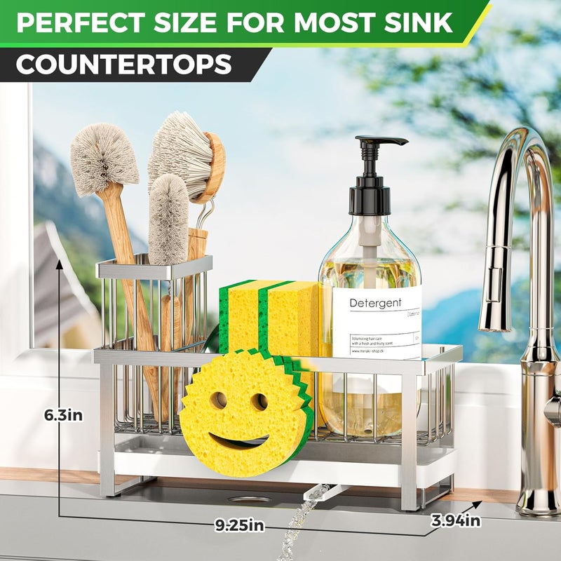 Taugast Sponge Holder for Kitchen Sink,Sink Caddy with Removable Dish Brush Holder,Self-Draining Kitchen Countertop Organizers and Storage Essentials,Soap Dispenser Organize and Home Decor-Silver - Image 2
